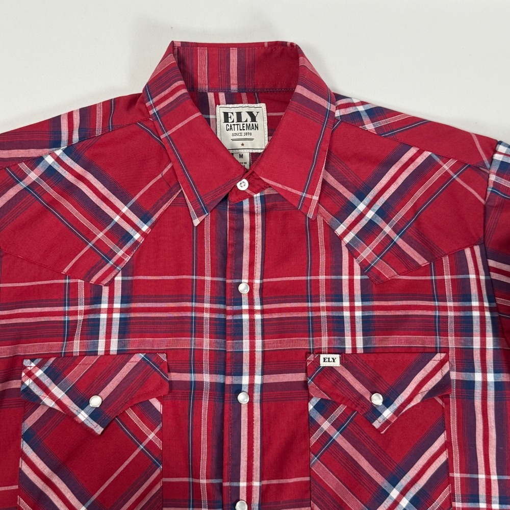 Ely Cattleman Red Plaid Western Pearl Snap Short Sleeve Shirt Cowboy Rodeo Men M